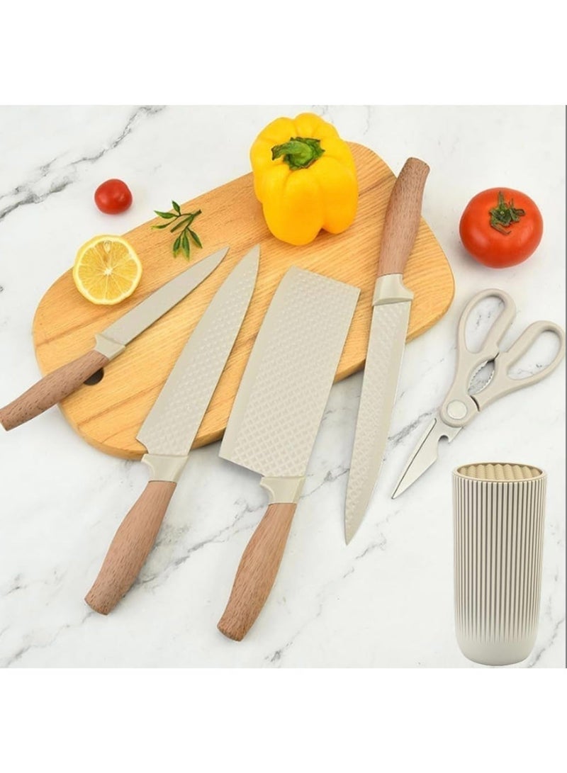 Kitchen Knife Set, 6-Pieces Khaki Sharp Knife Set for Kitchen, Non-stick Non-slip Stainless Steel Chef Knife Set with Universal Knife Block Suitable for Home Restaurant (Khaki) - Image 2